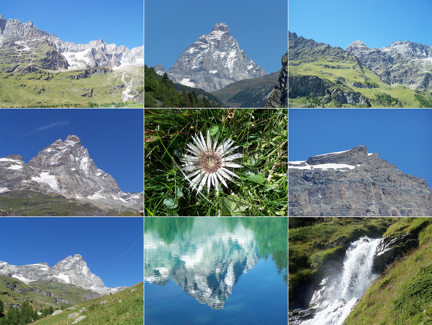 阿尔卑斯山山脉绿色山脉蓝色高山草地火绒草天空瀑布岩石反射图片