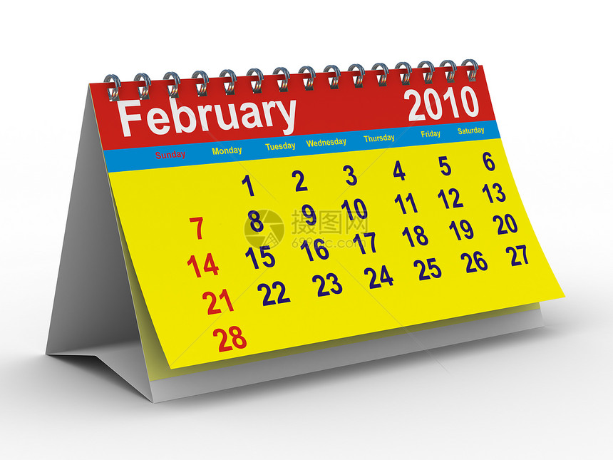 2010年日历 2010年日历 2月 孤立的 3D 图像数字日程公告活页夹记事本笔记本依恋办公室日记商业图片