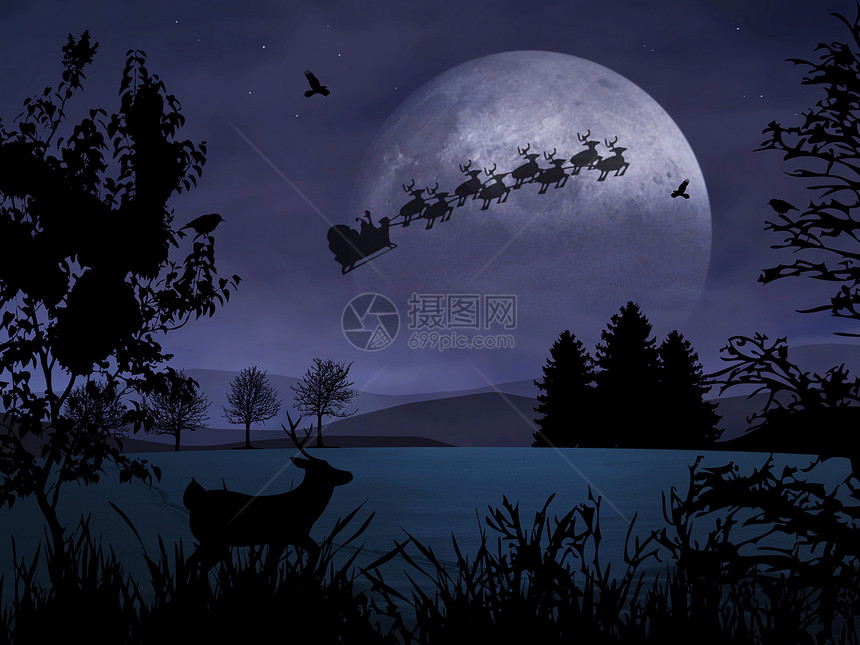 圣夜月亮雪橇设施飞行礼物展示月光游乐骑术牧歌图片