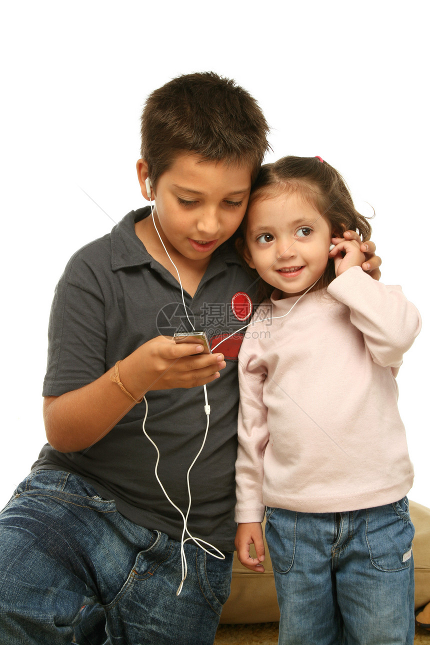儿童一起享受MP4玩家婴儿音乐姐姐设备孩子们音乐播放器数字耳机音频技术图片