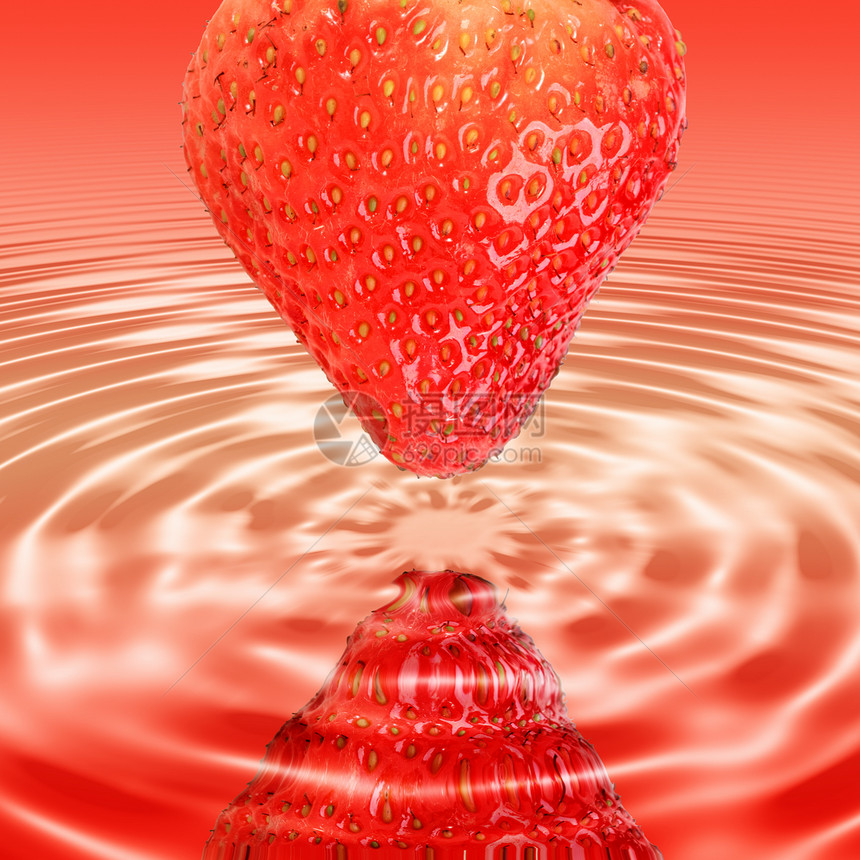 在果汁中反射一个红色草莓图片