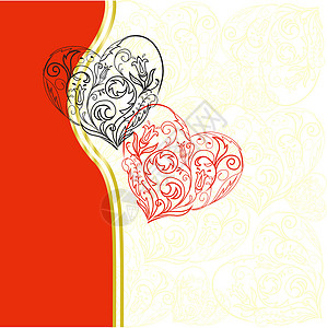 两个红心红色卷曲情绪装饰品微光金子白色黄色黑色情怀背景图片