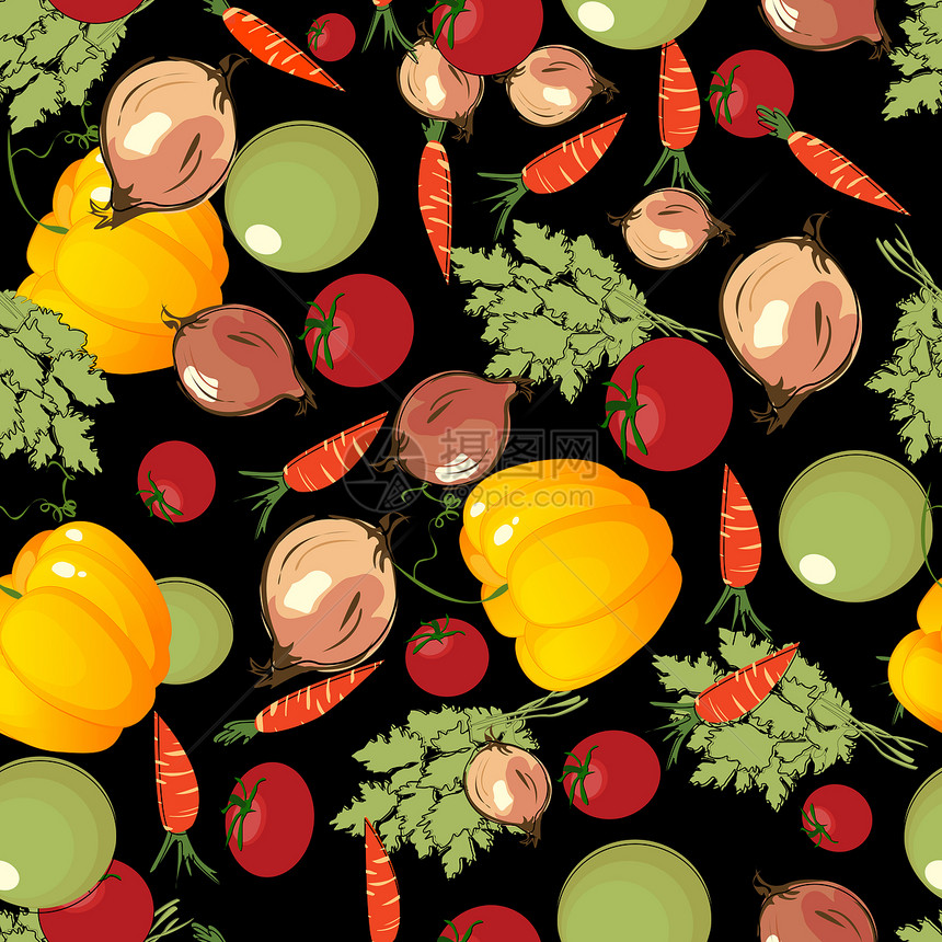 黑色上的蔬菜图案营养插图烹饪粮食食物洋葱胡椒美食橙子烘烤图片