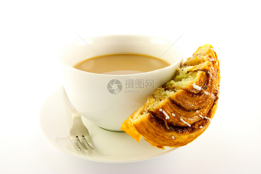 半肉桂面包和茶小吃蛋糕食物咖啡包子盘子棕色甜点沙漠白色图片