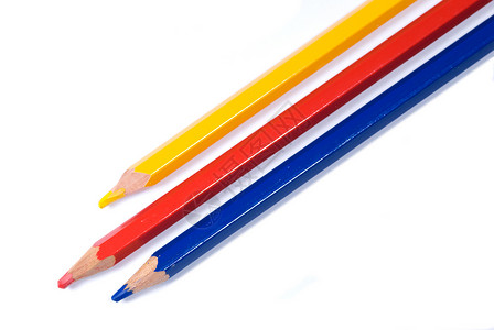 三支彩色铅笔蓝色白色三重奏学校黄色原色学习红色背景图片