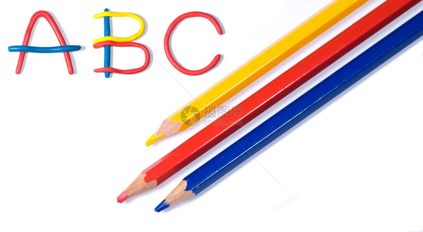 三支彩色铅笔橡皮泥红色白色三重奏黏土原色学校黄色学习字母图片