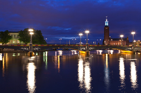 诺贝尔奖晚上斯德哥尔摩市政厅仪式蓝色游客大厅港口城市旅游假期旅行反射背景