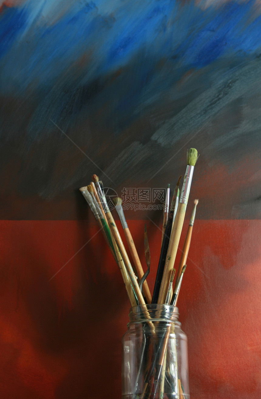 艺术家布鲁谢斯油漆玻璃蓝色红色艺术帆布画笔刷子图片