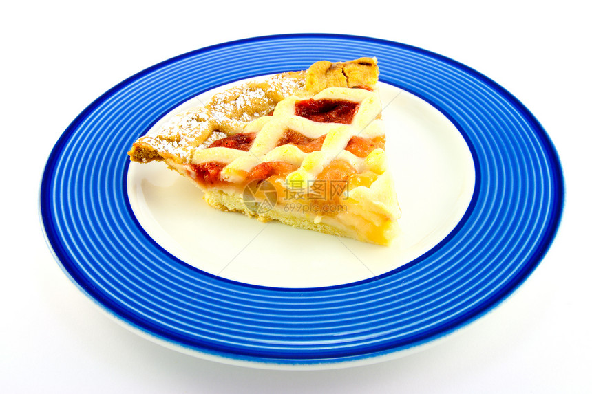 苹果和草莓派甜点盘子覆盆子大黄脆皮蓝色野餐馅饼食物白色图片