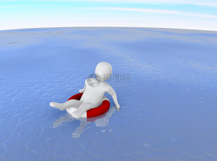 人与生命环 在海洋中的人卡通片男人希望帮助救援漂浮戒指孤独数字木偶图片