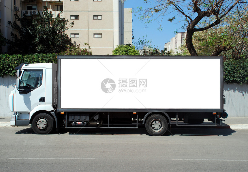 带白板面板的白色卡车送货货车控制板车辆营销广告汽车展示货物公告图片