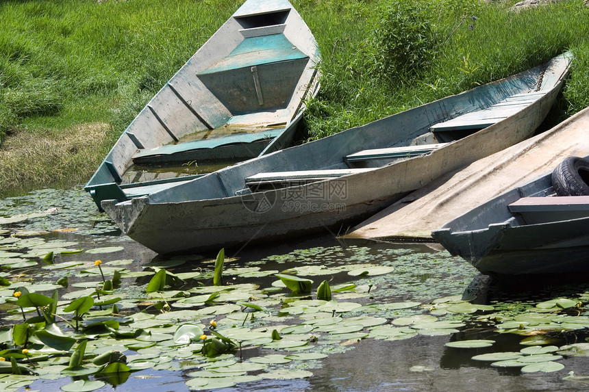 普通池塘中的旧弃船图片