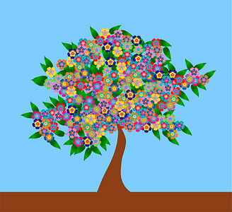 彩色树蓝色花朵插图墙纸绿色红色黄色背景图片