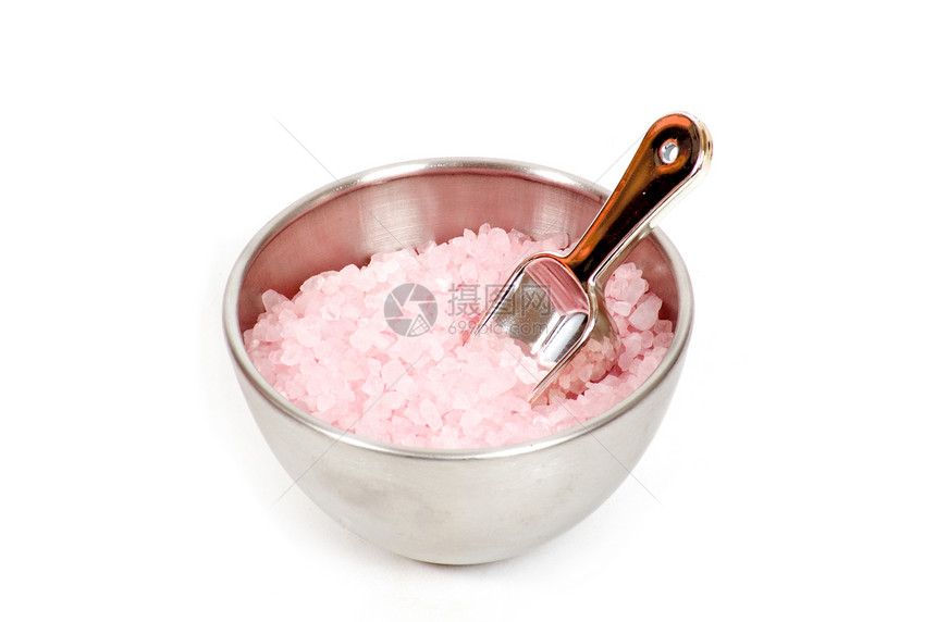 银盘上 有食盐和计量白色金属卫生测量合金平底锅用具食物烹饪厨房图片