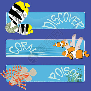 蝴蝶鱼鱼旗3生物珊瑚杂草插图海洋装饰品边界蓝色互联网网络插画