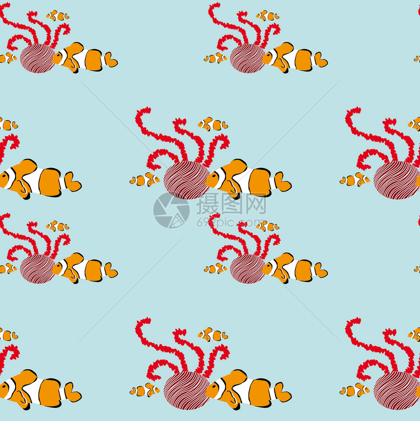 无缝无缝小丑鱼模式海洋生物海洋蓝色野生动物海浪艺术插图动物橙子黑色图片