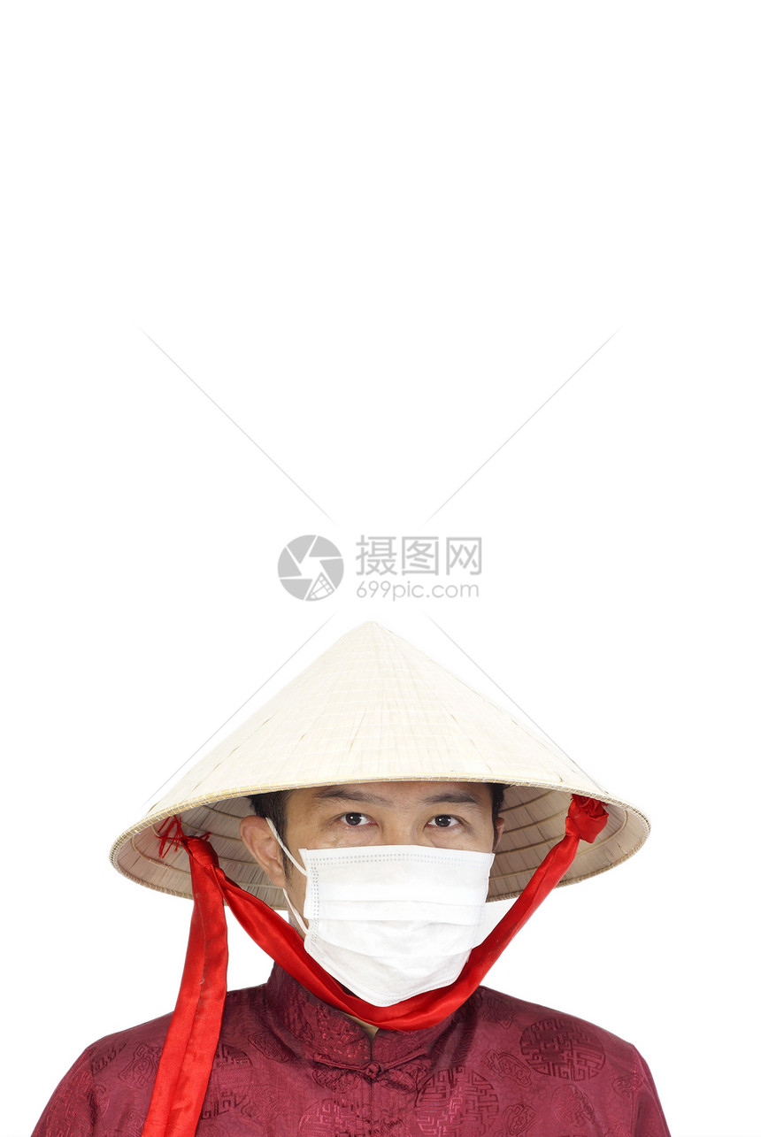 戴医疗面具的亚裔男子蒙面预防流感草帽疾病外科卫生红色戏服保健图片