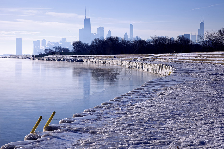 芝加哥冬天早上的冬季早晨天际景观城市生活风光办公楼天空城市都市摩天大楼市中心图片