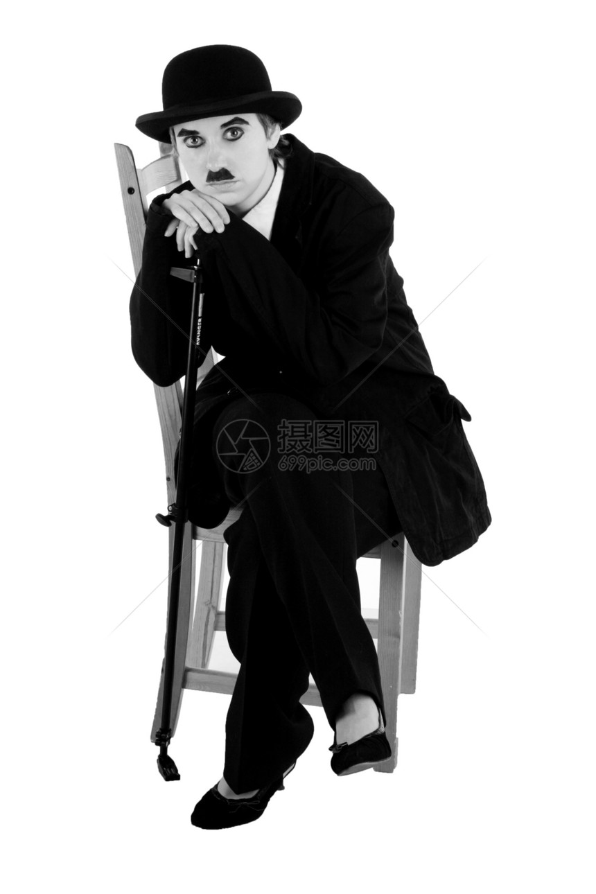 查尔斯查尔卓别林套装角色手杖化妆品甘蔗白色椅子胡子电影灰色图片