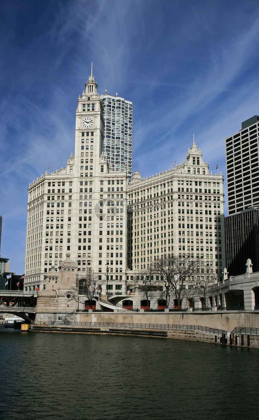 芝加哥高楼大楼的高层建筑反射建筑学码头天际金融旅行场景地标城市明信片图片