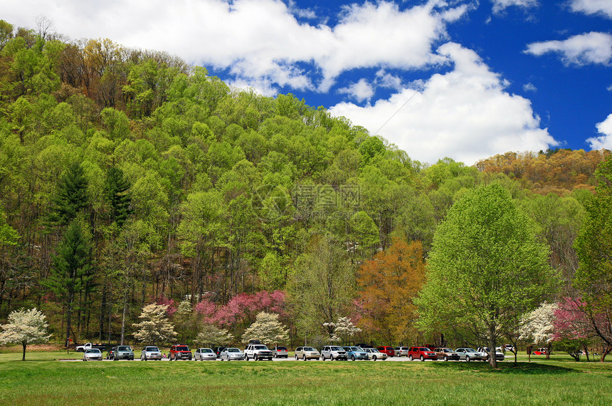 烟雾山区国家公园汽车大路环境蓝色森林场景顶峰季节远足地质学图片