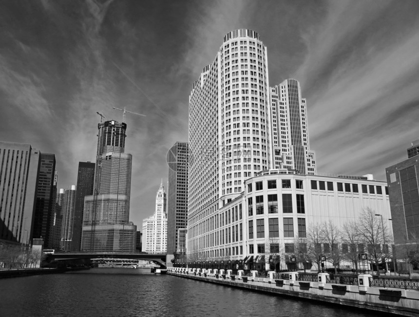 芝加哥天际中心地标场景摩天大楼蓝色建筑学海军住宅天空反射图片