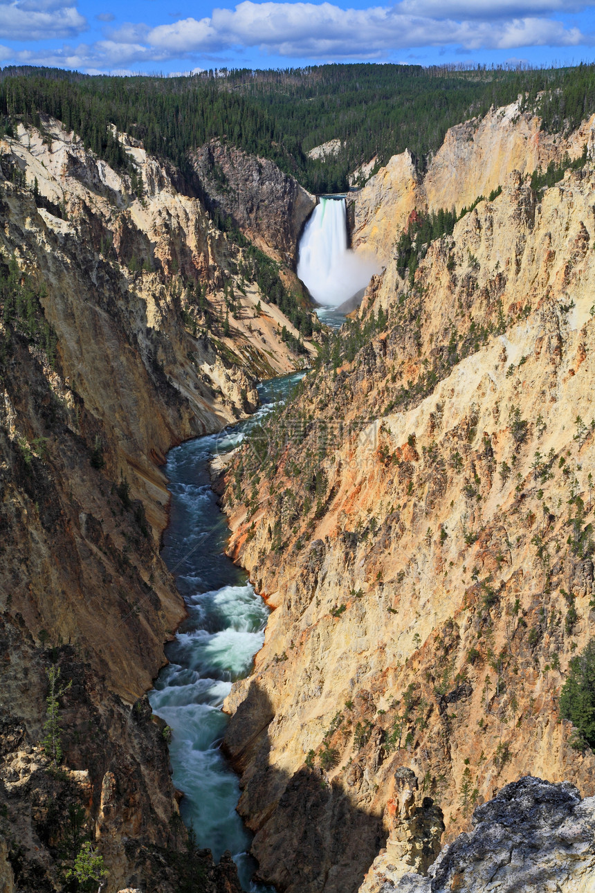 黄石公园的大峡谷悬崖蓝色旅行侵蚀流动岩石松树国家溪流艺术家图片