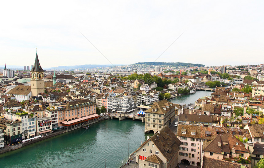 苏黎世城市风景的空中旅行精神天线大教堂全景建筑地标运河观光教会图片