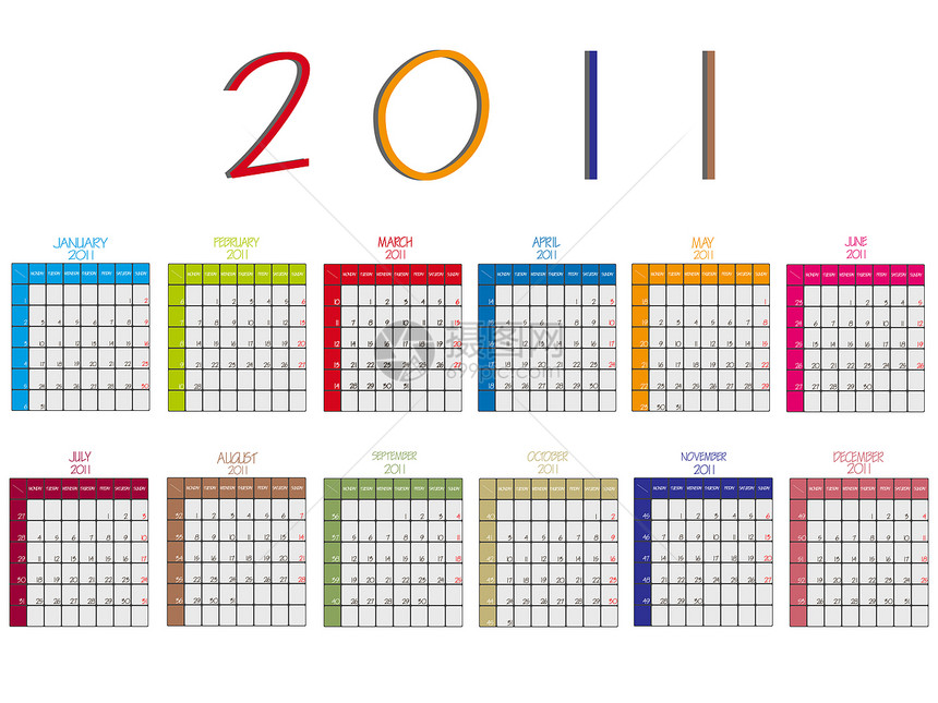 2011年日历相对于白色图片