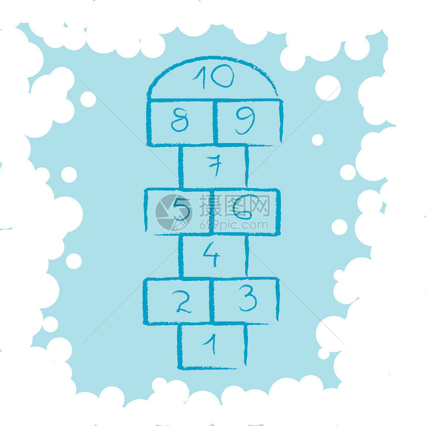 跳房子和泡沫组成插图消遣乐趣黑色蓝色草图数字正方形童年闲暇图片