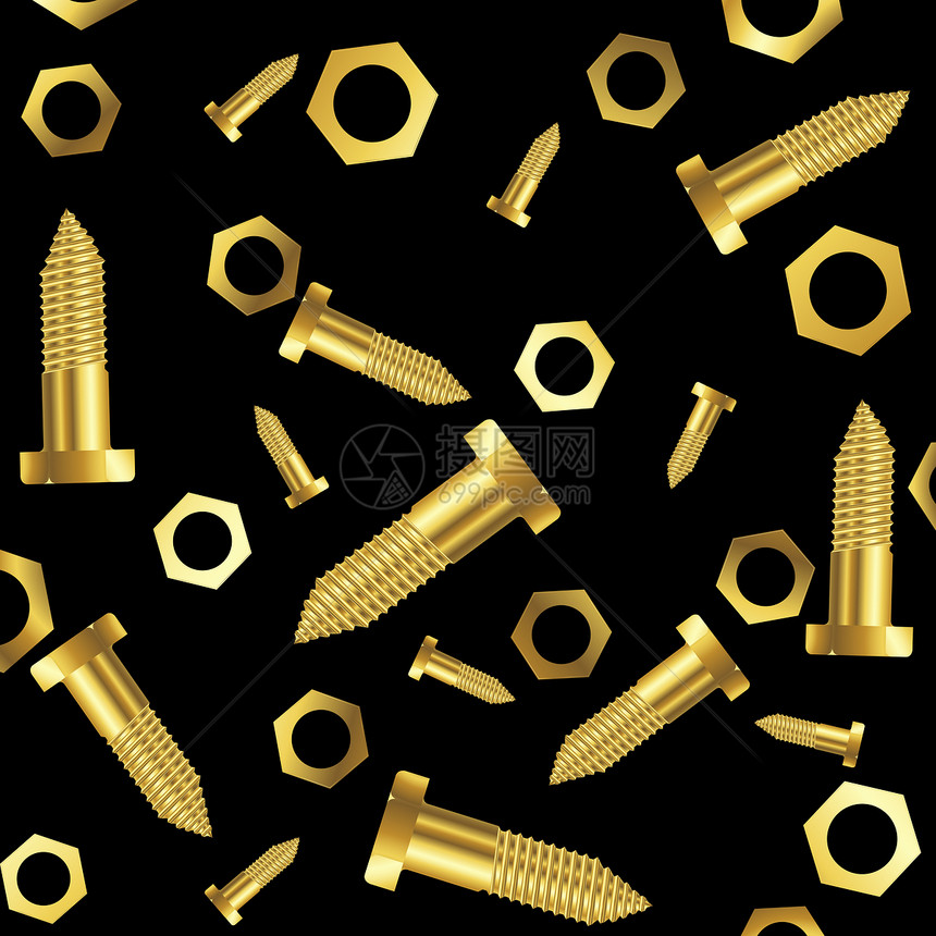 黑背景的螺丝和坚果金属螺柱工业黄色铭牌测量框架抛光指甲盘子图片