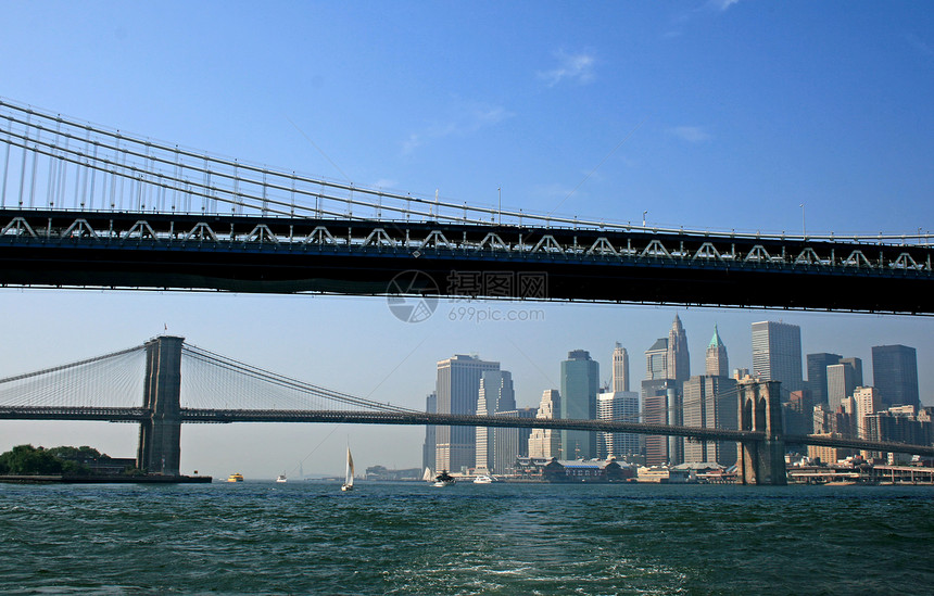 纽约市的天际风景高楼电缆运输旅行蓝色地标历史性景观办公室图片