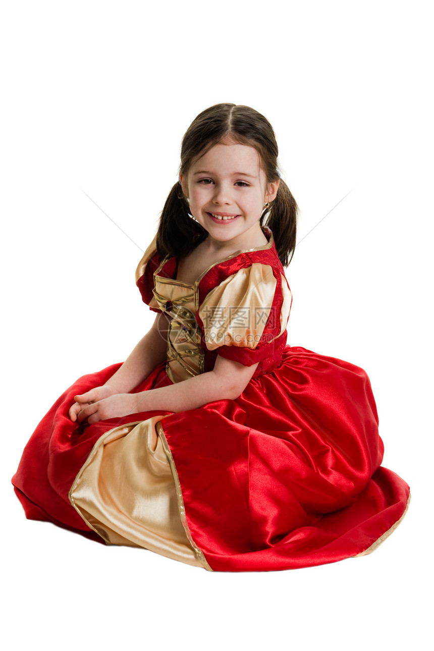 穿红礼服的年轻女孩蹲下脆弱性孩子青年公主童年快乐喜悦裙子红色女性图片