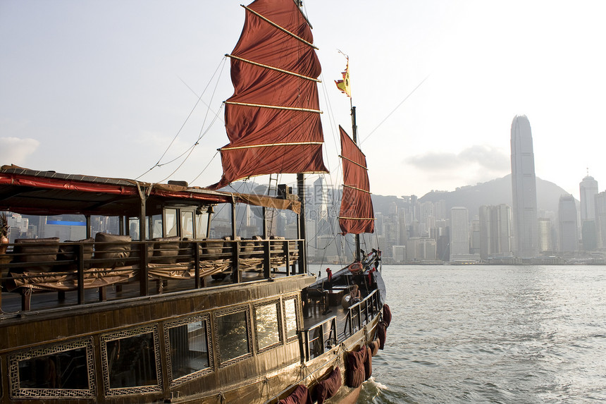 中国传统船在香港维多利亚港港上海岸血管渡船垃圾天际水手市中心摩天大楼运输城市图片