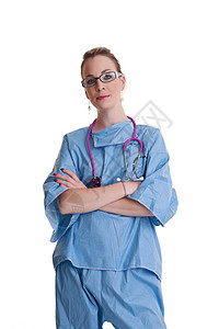 年轻医生或白发护士女性蓝色外科医疗职员白色擦洗背景图片