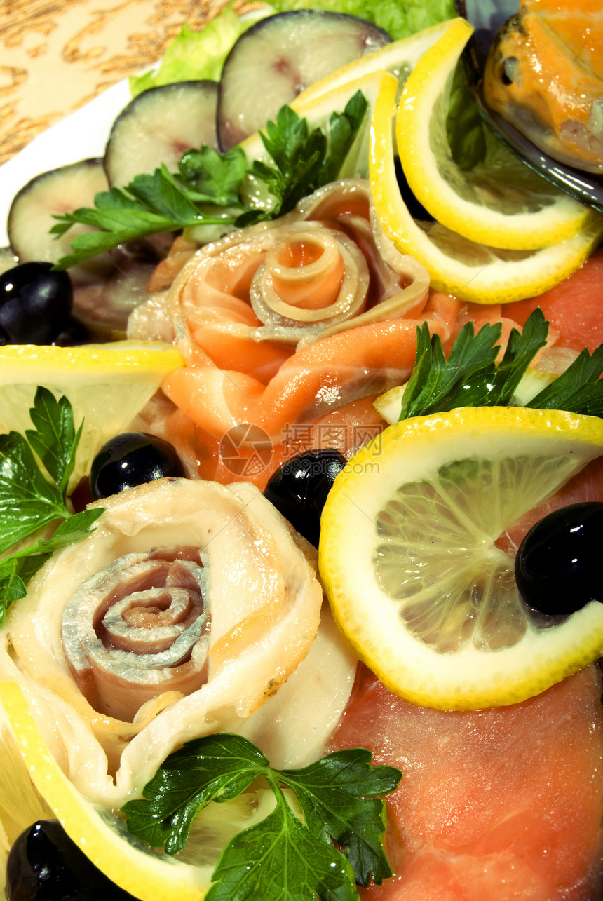 带海鲜的饭菜饮食餐厅烹饪沙拉美食健康盘子贝类鱼片晚餐图片