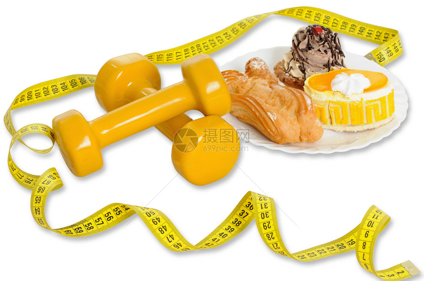 生活方式食物黄色巧克力盘子哑铃甜点测量蛋糕节食糕点图片