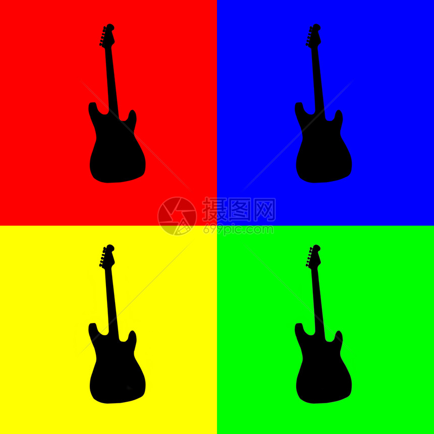 吉他语黄色音乐吉他蓝色绿色正方形红色插图图片