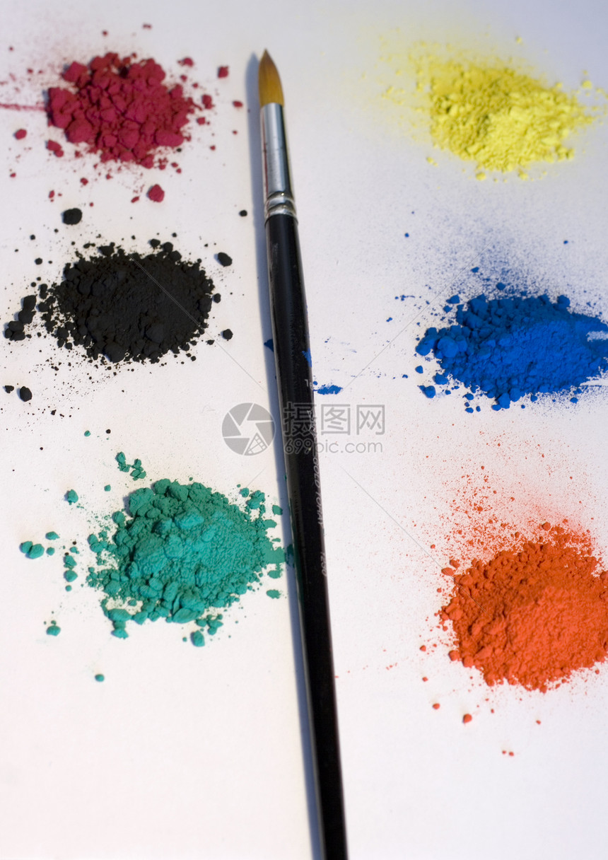 颜料和画笔刷子灰尘绘画工作艺术家粒子工具技巧色调青色图片