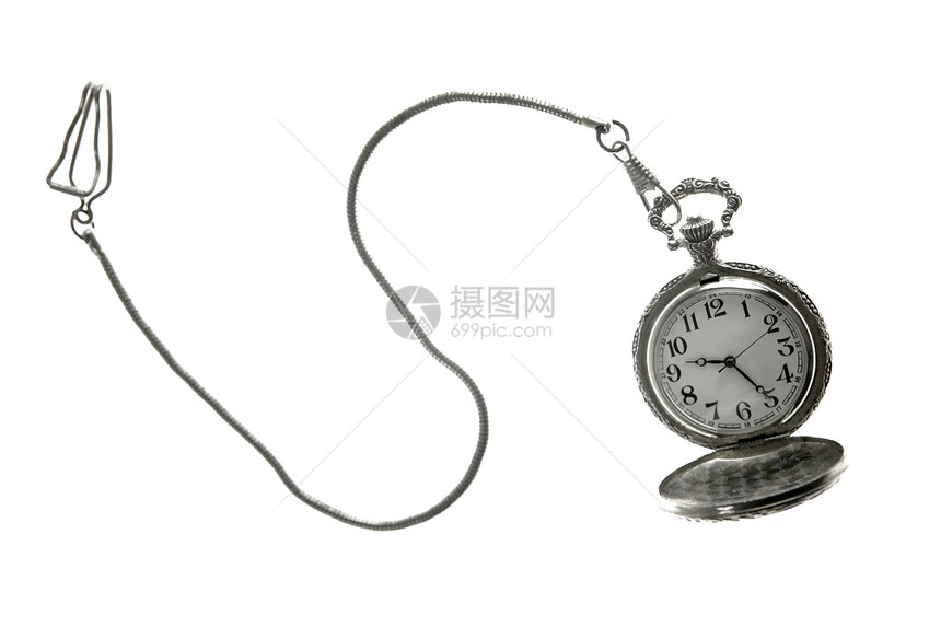 带链条的旧银口袋钟表时钟商业历史性数字生活时间宏观玻璃珠宝古董金属图片