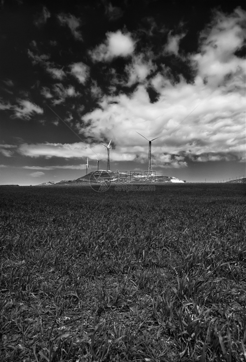 伊塔利 西西里 弗朗科丰特卡塔尼亚省 农村 叶子能源涡轮机生态技术机械电机爬坡活力黑白发电机金属天空图片