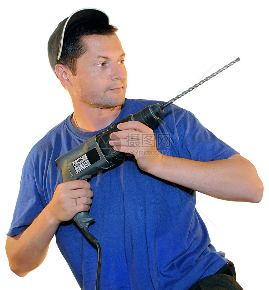 带有穿孔器的工人肖像钻头职业修理穿孔机械乐器衣服电缆锤子活力图片