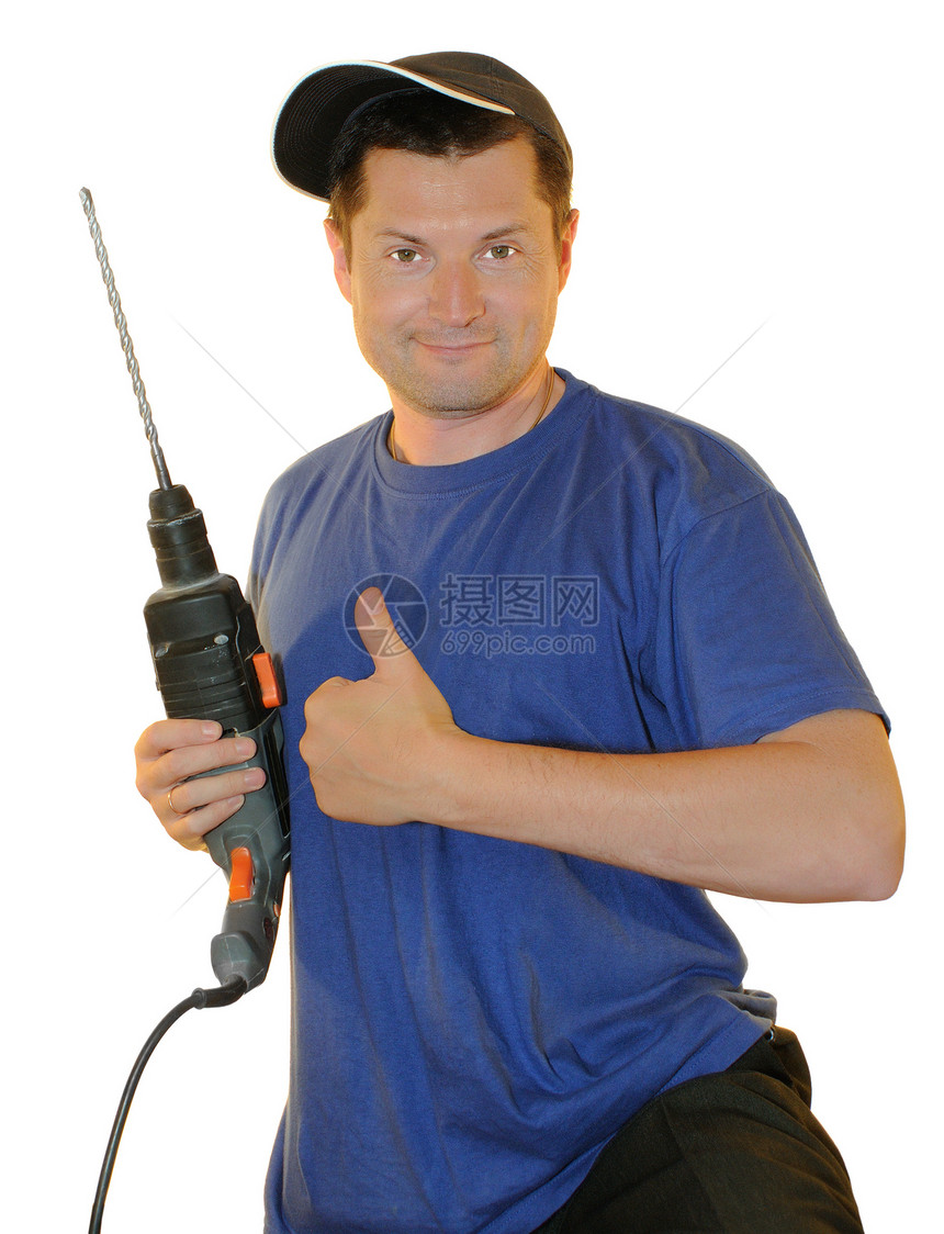 带有穿孔器的工人肖像活力电缆乐趣修理工穿孔工具活动乐器力量职业图片