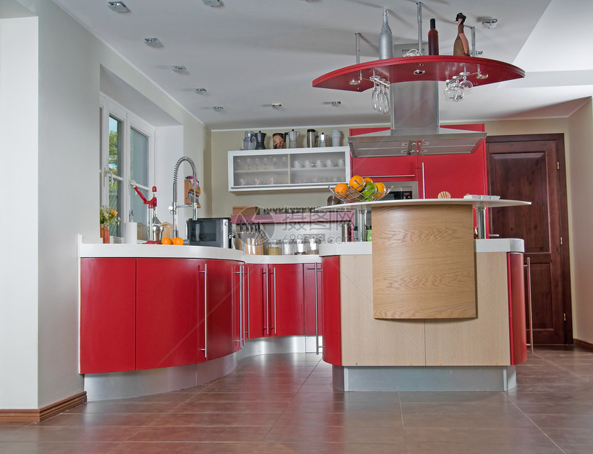 红色现代现代厨房微波房子地面窗户财产建筑学花岗岩火炉装饰风格图片