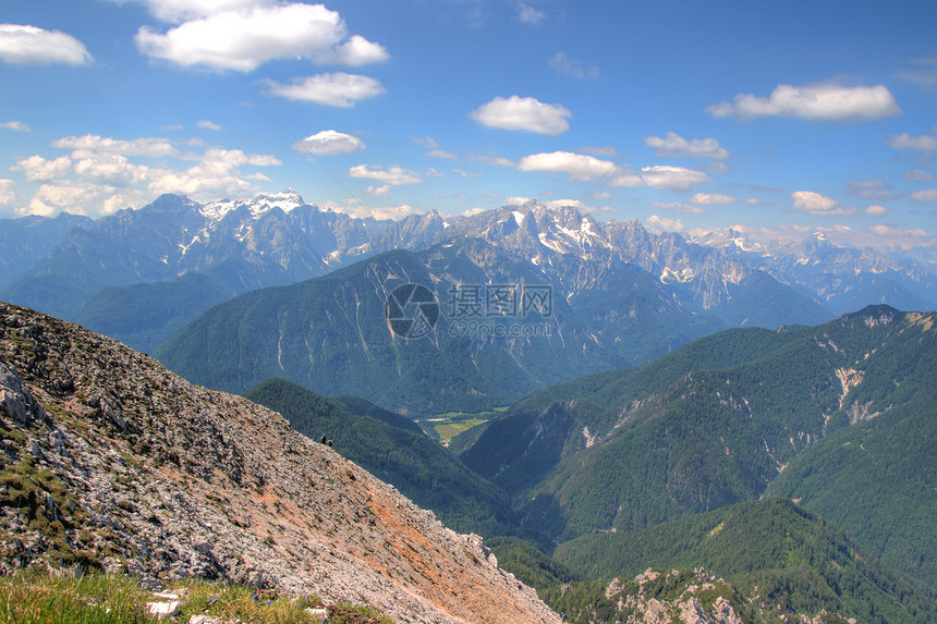 阿尔卑斯山脉和牧场绿色天空岩石山脉蓝色白色图片