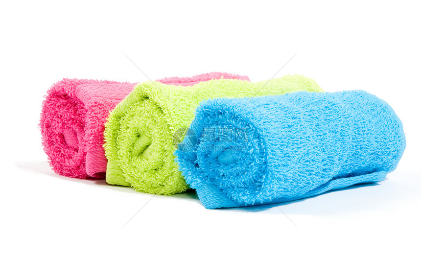 白色上孤立的软棉毛巾活力纺织品化妆品蓝色桑拿黄色棉布粉色温泉柔软度图片