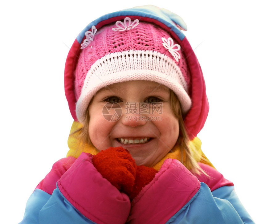 笑笑女孩假期快乐喜悦帽子夹克金发羊毛童年孩子雪花图片