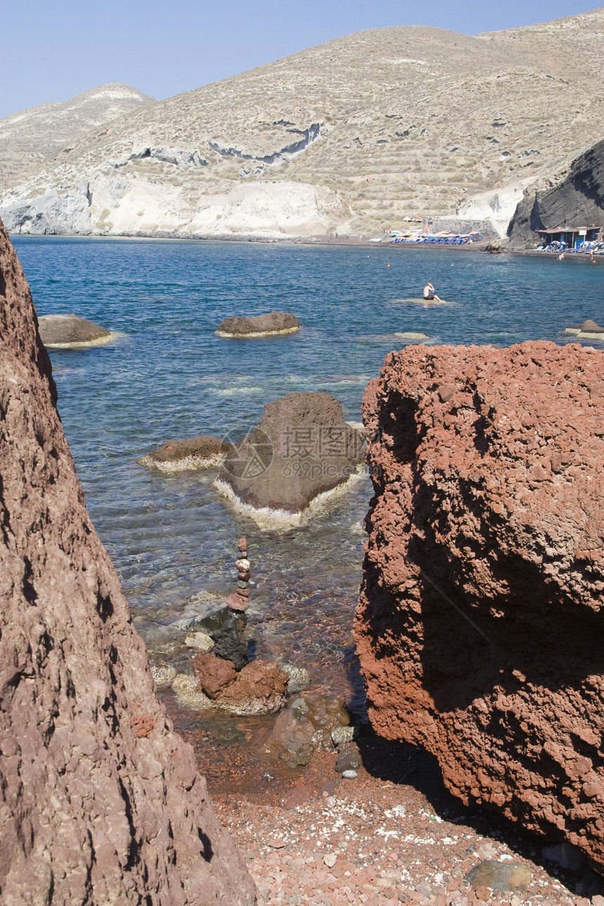 圣托里尼希腊情调蓝色海岸线场景岩石天空火山目的地避暑胜地太阳图片