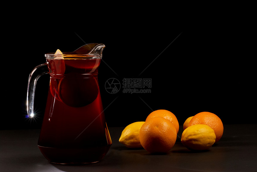 桑格里亚橙子静物柠檬汁水壶冷藏柠檬水平酒精茶点果皮图片