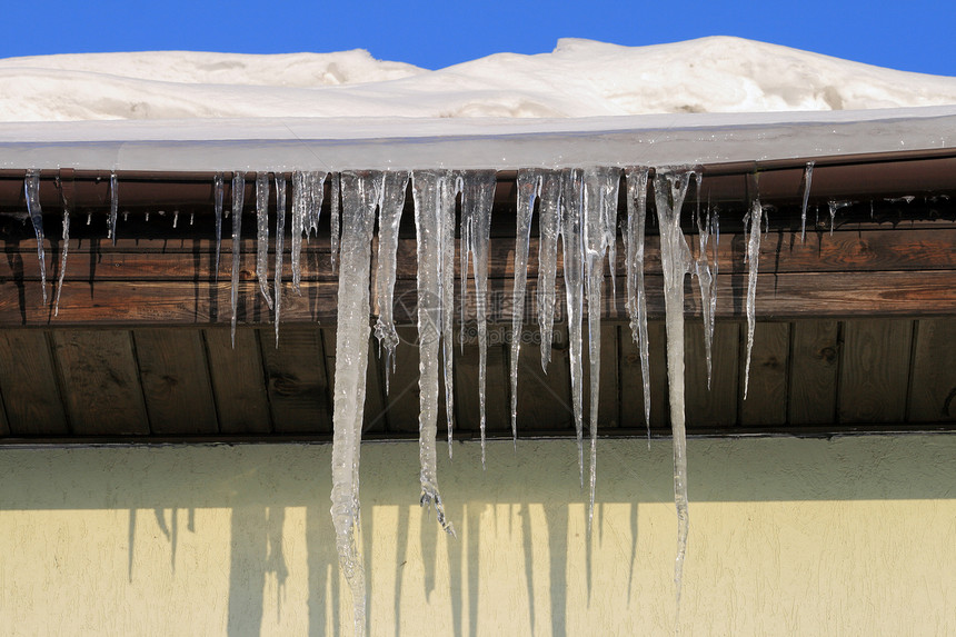 屋顶上的冰柱水平冻结滴水车顶排水沟日光边缘图片